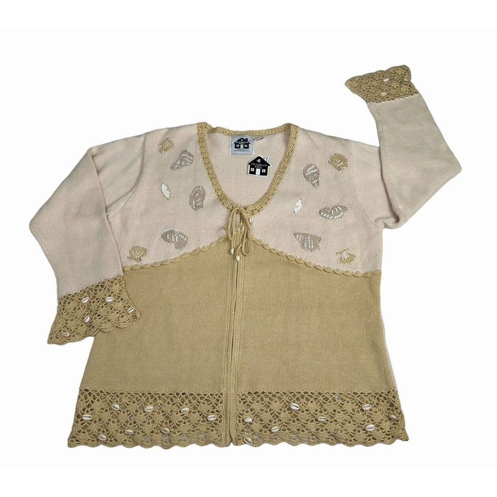 NWT Storybook Knits Womens Beige  Shell Crocheted Cardigan Sweater Size Large